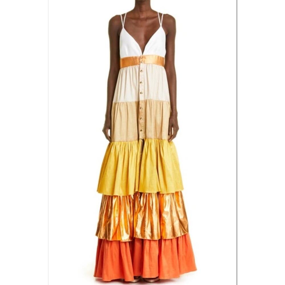 NWT KIMBERLY GOLDSON Mari Tiered Colorblock Maxi Dress Metallic Size 0
